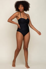 Black Ruched Halter One Piece Swimsuit