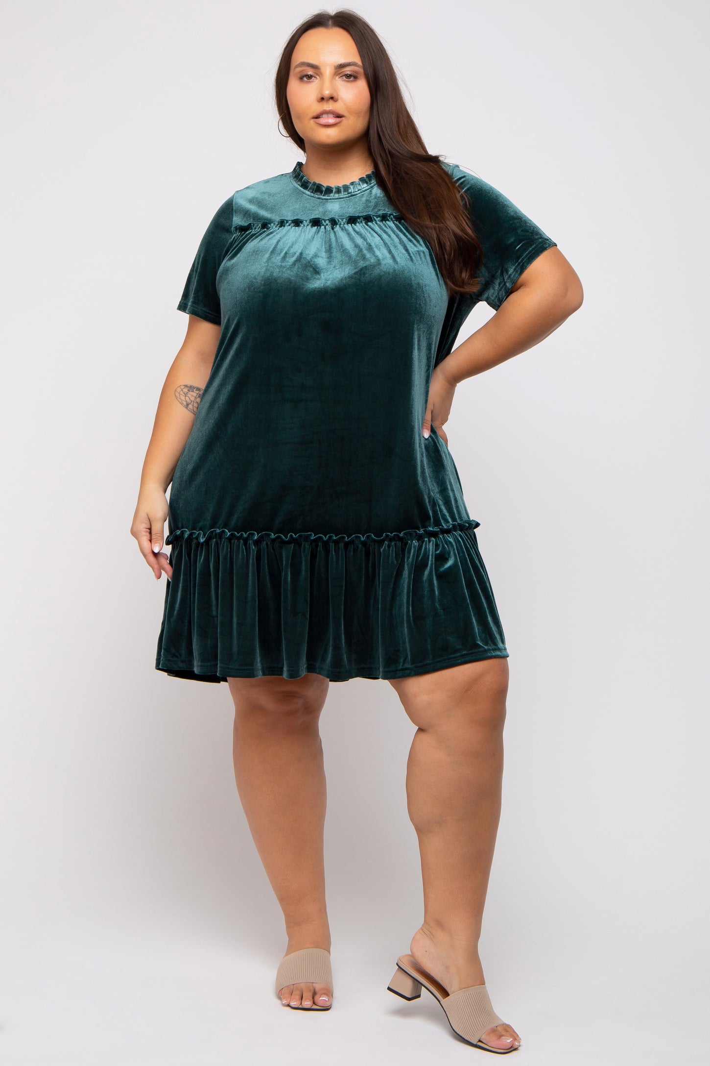 Dark Jade Ruffle Accent Velvet Plus Dress