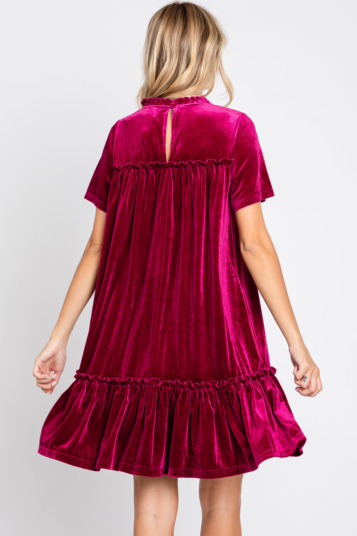 Burgundy Ruffle Accent Velvet Dress