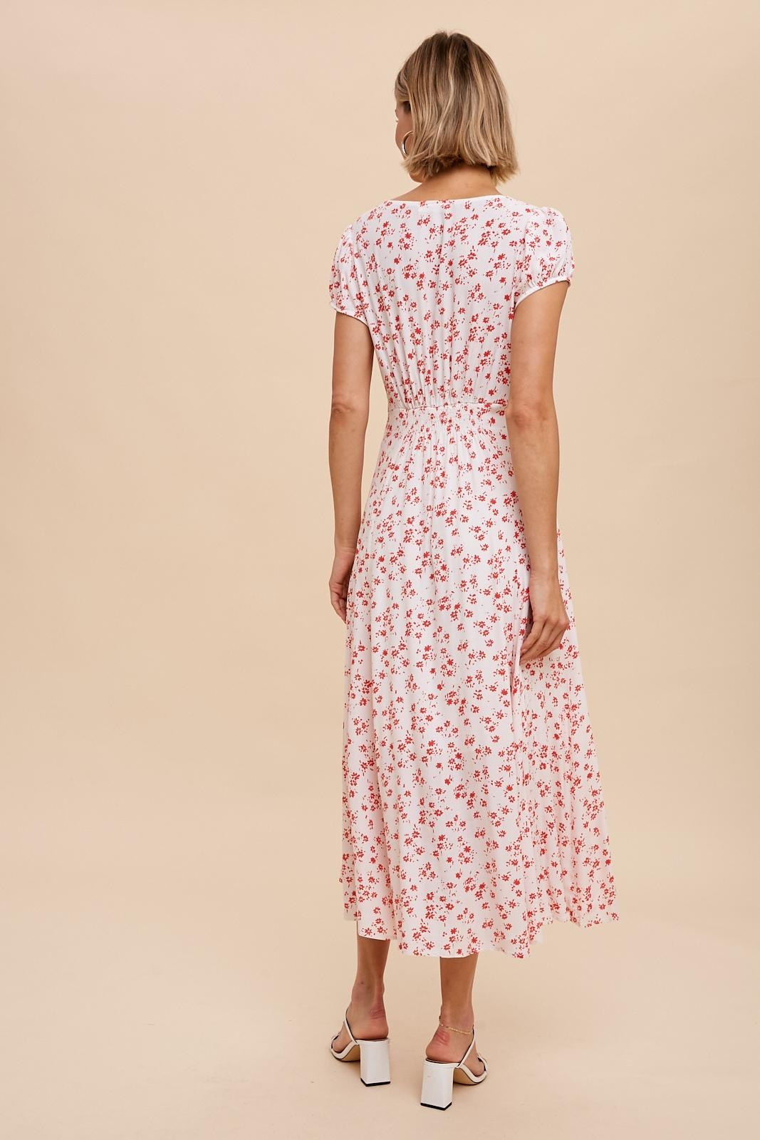 Red Floral Viscose Floral Button Down Dress