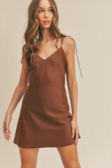 Brown Satin Cami Tie Strap Mini Dress