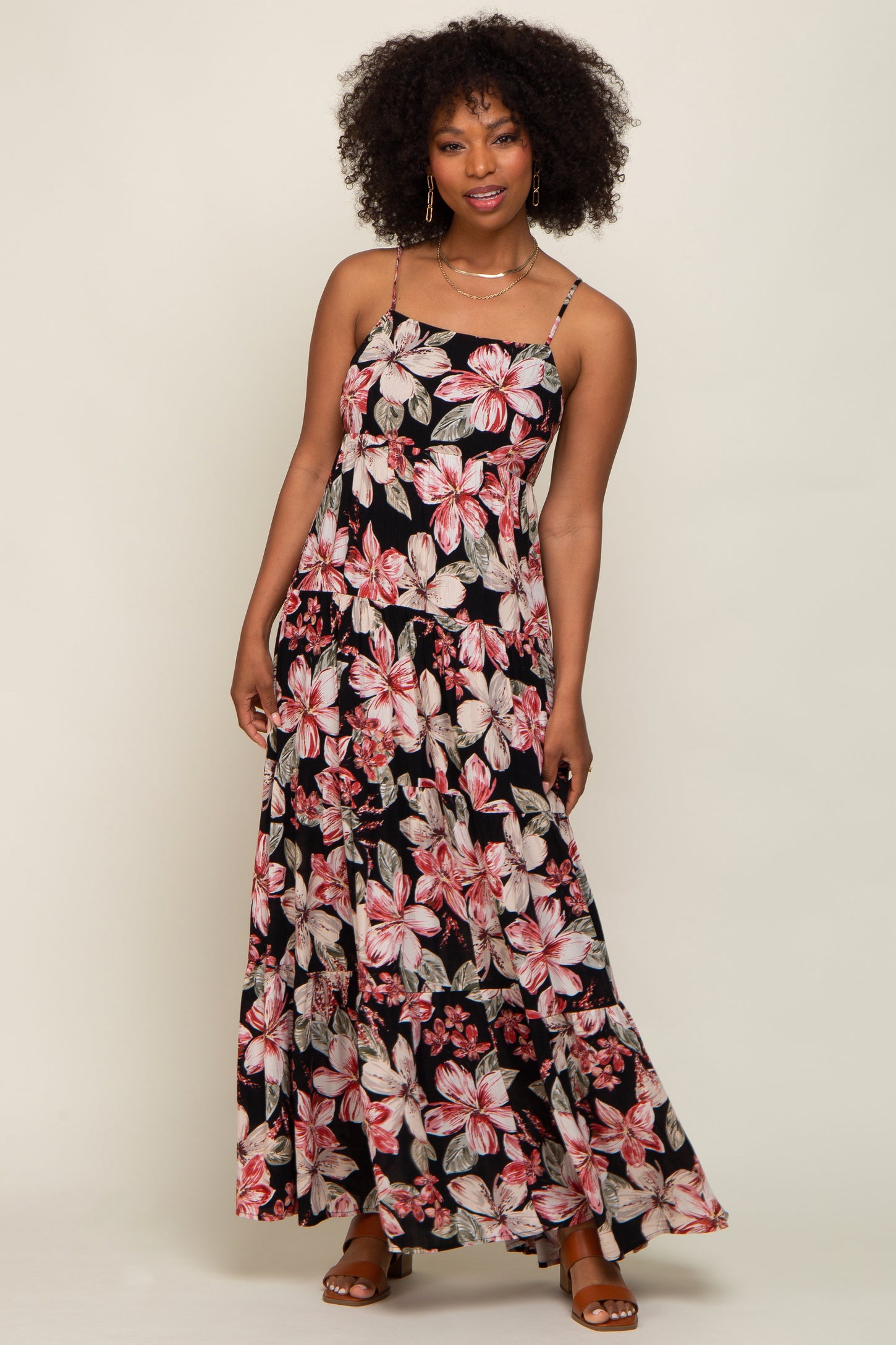 Black Floral Square Neck Tiered Maternity Maxi Dress