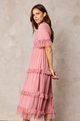 Pink Polka Dot Tulle Smocked Midi Dress