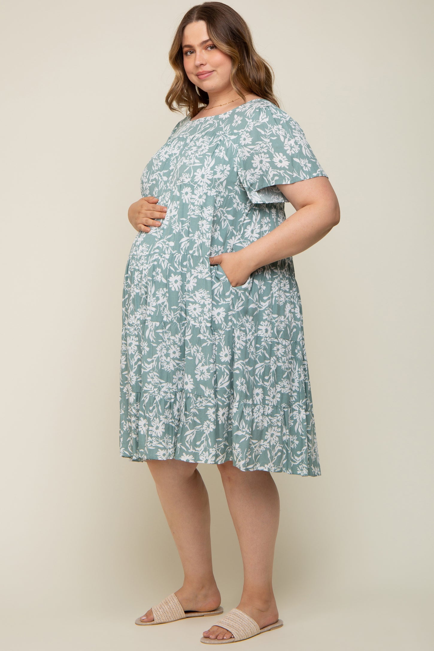 Mint Green Floral Tiered Short Sleeve Maternity Plus Midi Dress