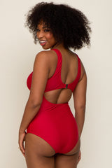 Red Front Twist Open Back One Piece Swimsuit