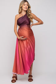 Rust Ombre Pleated Asymmetrical Maternity Maxi Dress