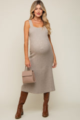 Beige Sweater Knit A-Line Maternity Midi Dress