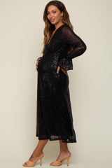 Black Sequin Long Sleeve Wrap Maternity Maxi Dress