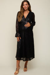 Black Sequin Long Sleeve Wrap Maternity Maxi Dress