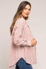 Mauve Striped Button Up Long Sleeve Maternity Top