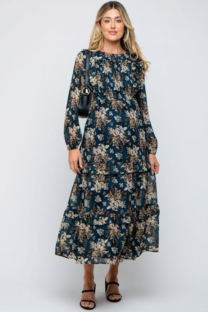 Teal Floral Chiffon Smocked Front Ruffle Tiered Maternity Midi Dress