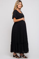 Black Floral Chiffon Smocked Square Neck Maternity Maxi Dress