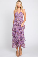 Purple Smocked Ruffle Tiered Halter Midi Dress