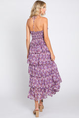 Purple Smocked Ruffle Tiered Halter Midi Dress