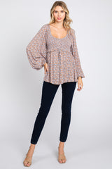 Rust Floral Smocked Front Tie Long Sleeve Top