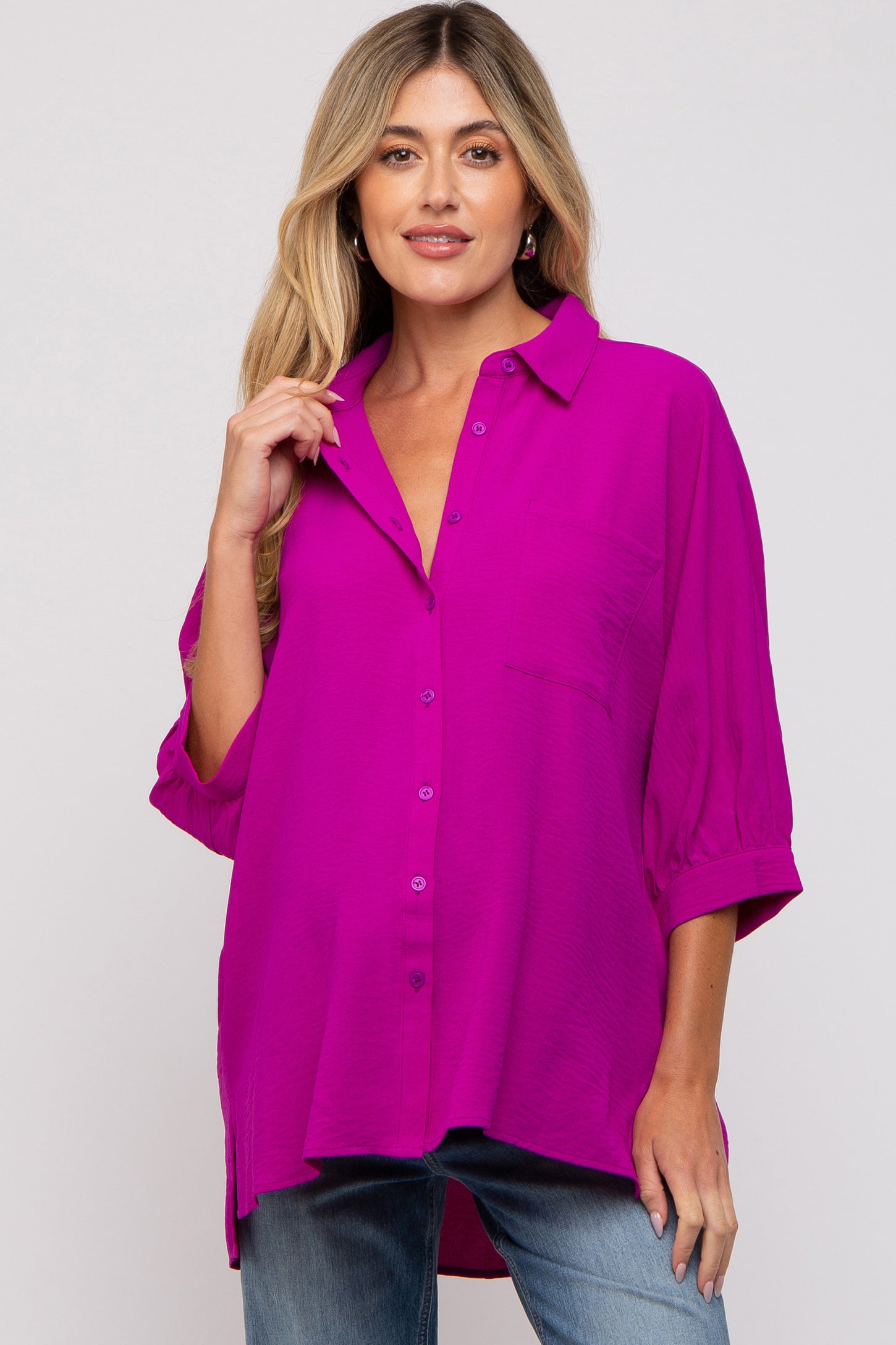 Magenta Button Down 3/4 Sleeve Maternity Top