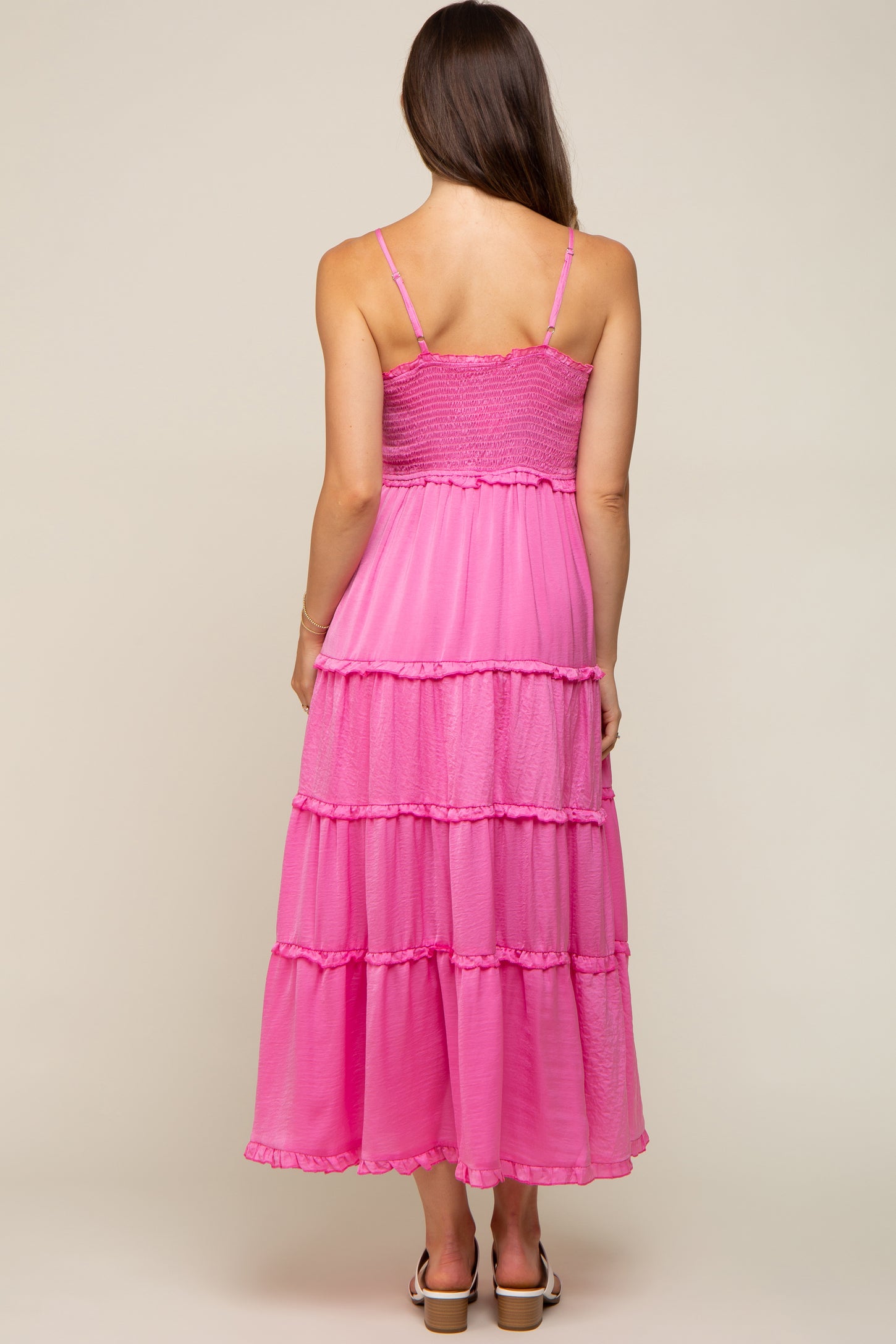 Pink Smocked Ruffle Tiered Maternity Maxi Dress