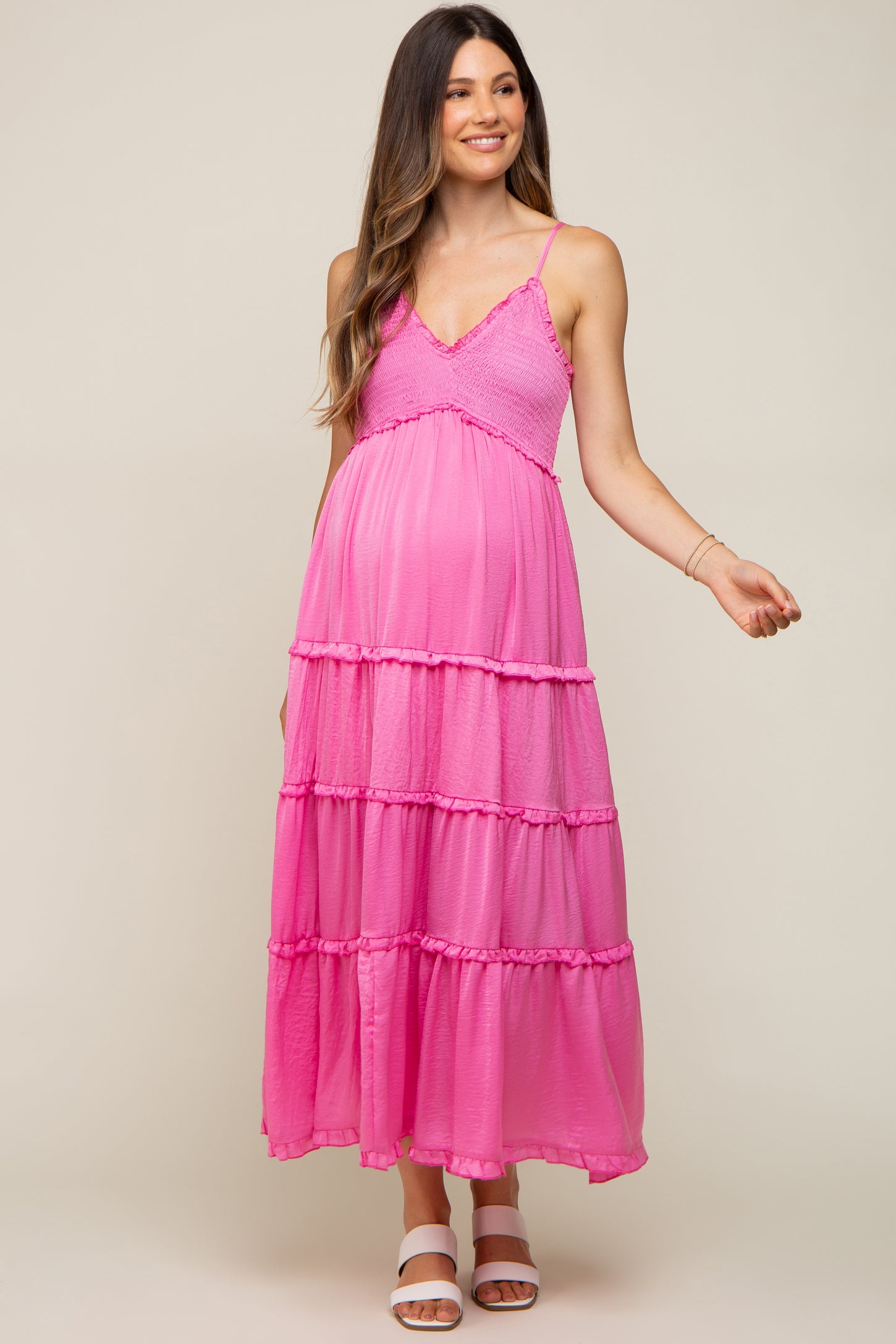 Pink Smocked Ruffle Tiered Maternity Maxi Dress