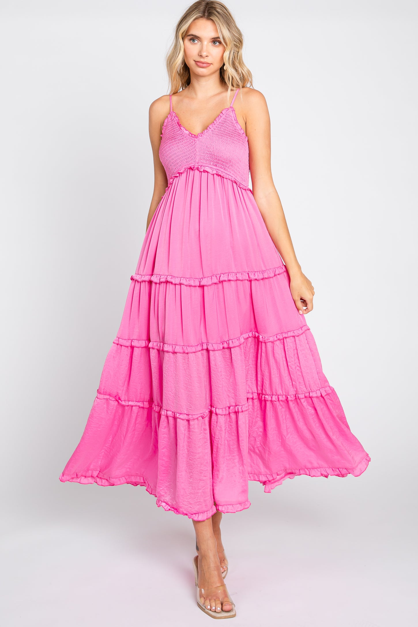 Pink Smocked Ruffle Tiered Maternity Maxi Dress
