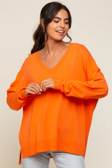 Orange Knit V-Neck Long Sleeve Top