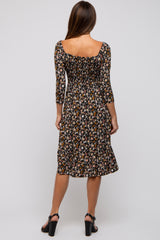Black Floral Smocked 3/4 Sleeve Dress