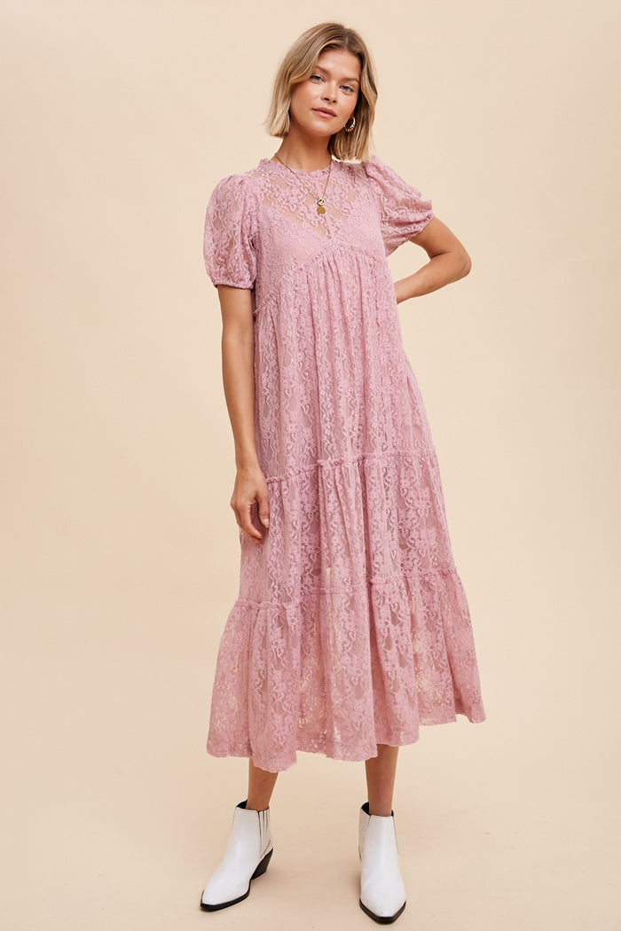 Mauve Lace Tiered Maternity Midi Dress