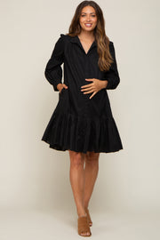 Black Button Down High Neck Long Sleeve Maternity Dress