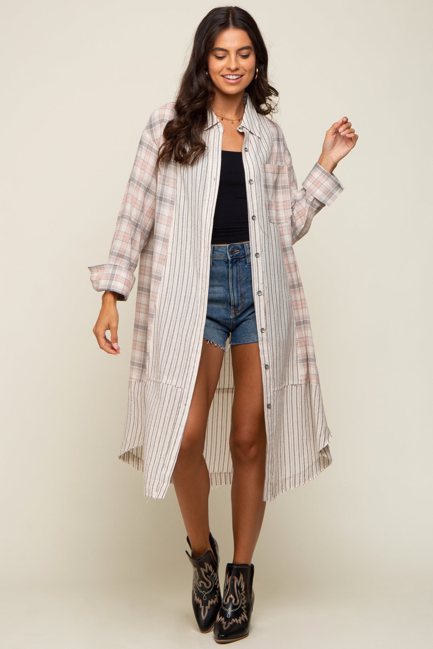 Grey Plaid Contrasting Long Shirt