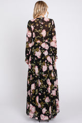 Black Floral Chiffon V-Neck Lettuce Edge Tiered Maxi Dress
