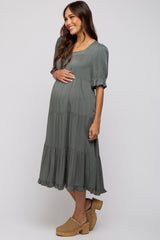 Olive Tiered Ruffle Hem Maternity Midi Dress
