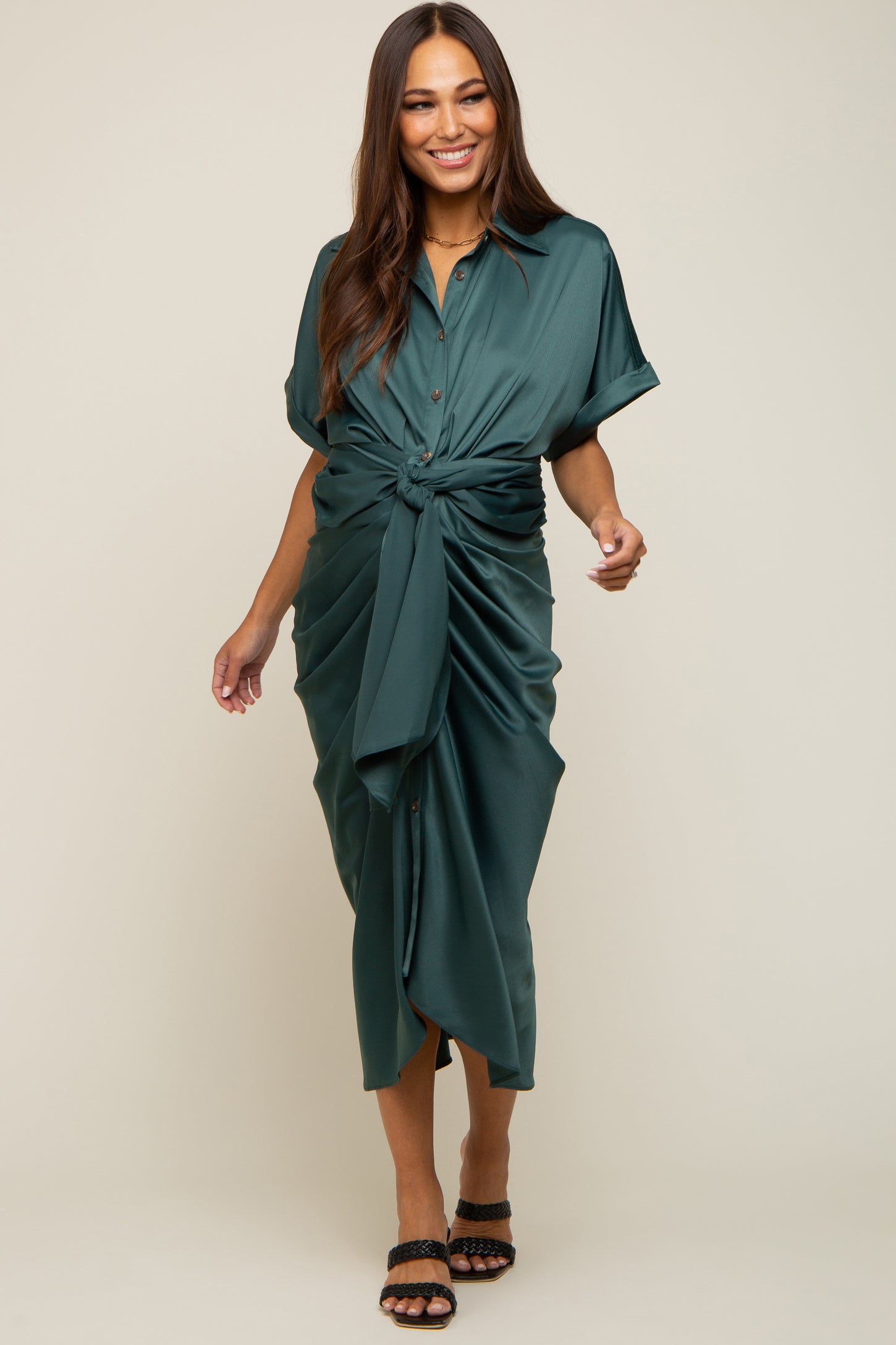 Green Satin Button Down Gathered Maternity Midi Dress