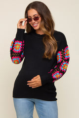 Black Crochet Sleeve Maternity Sweater