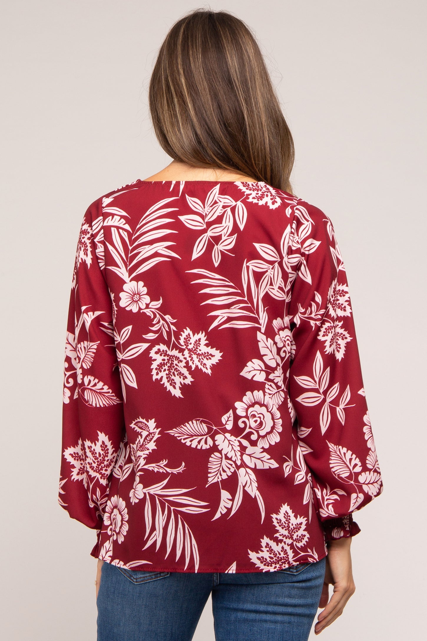 Burgundy Floral V-Neck Long Sleeve Maternity Blouse