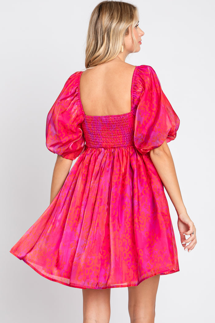 Magenta Leopard Print Puff Sleeve Dress