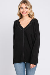 Black Ribbed V-Neck Long Sleeve Top