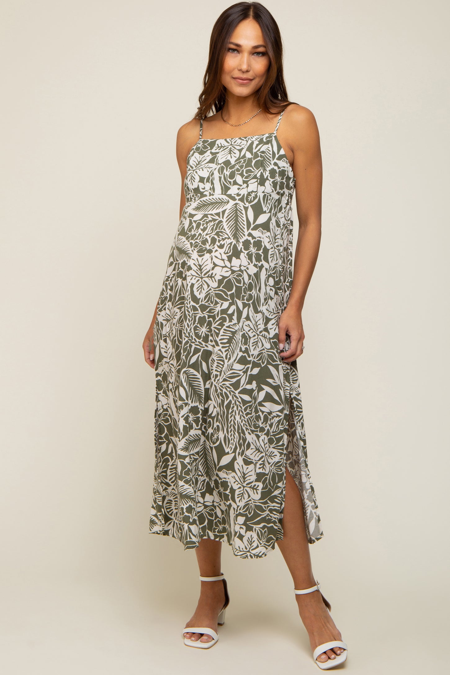 Olive Floral Side Slit Maternity Midi Dress