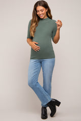 Olive Mock Neck Short Sleeve Knit Maternity Top