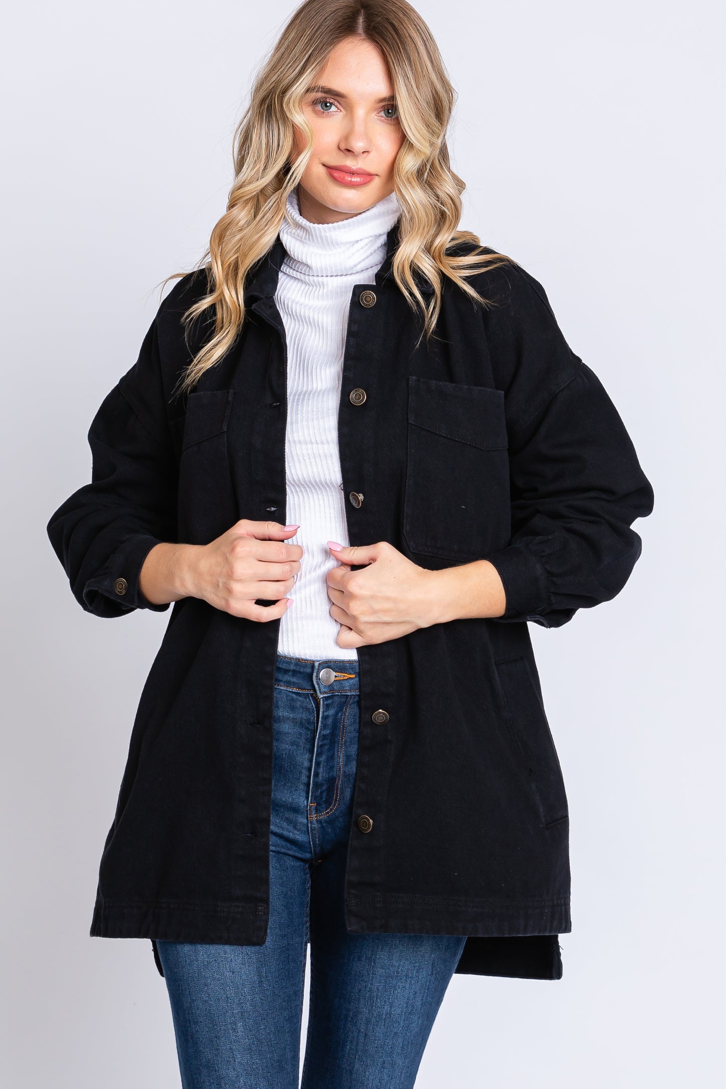Black Denim Button Down Button Down Maternity Jacket