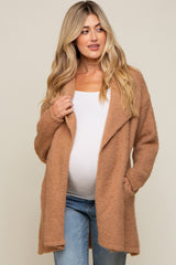Camel Fuzzy Knit Draped Maternity Cardigan