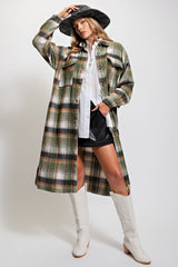Olive Plaid Button Front Long Maternity Coat