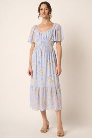 Blue Flower Print Midi Dress