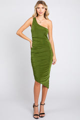 Olive One Shoulder Asymmetrical Hem Midi Dress
