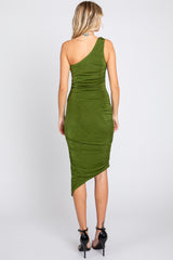 Olive One Shoulder Asymmetrical Hem Midi Dress