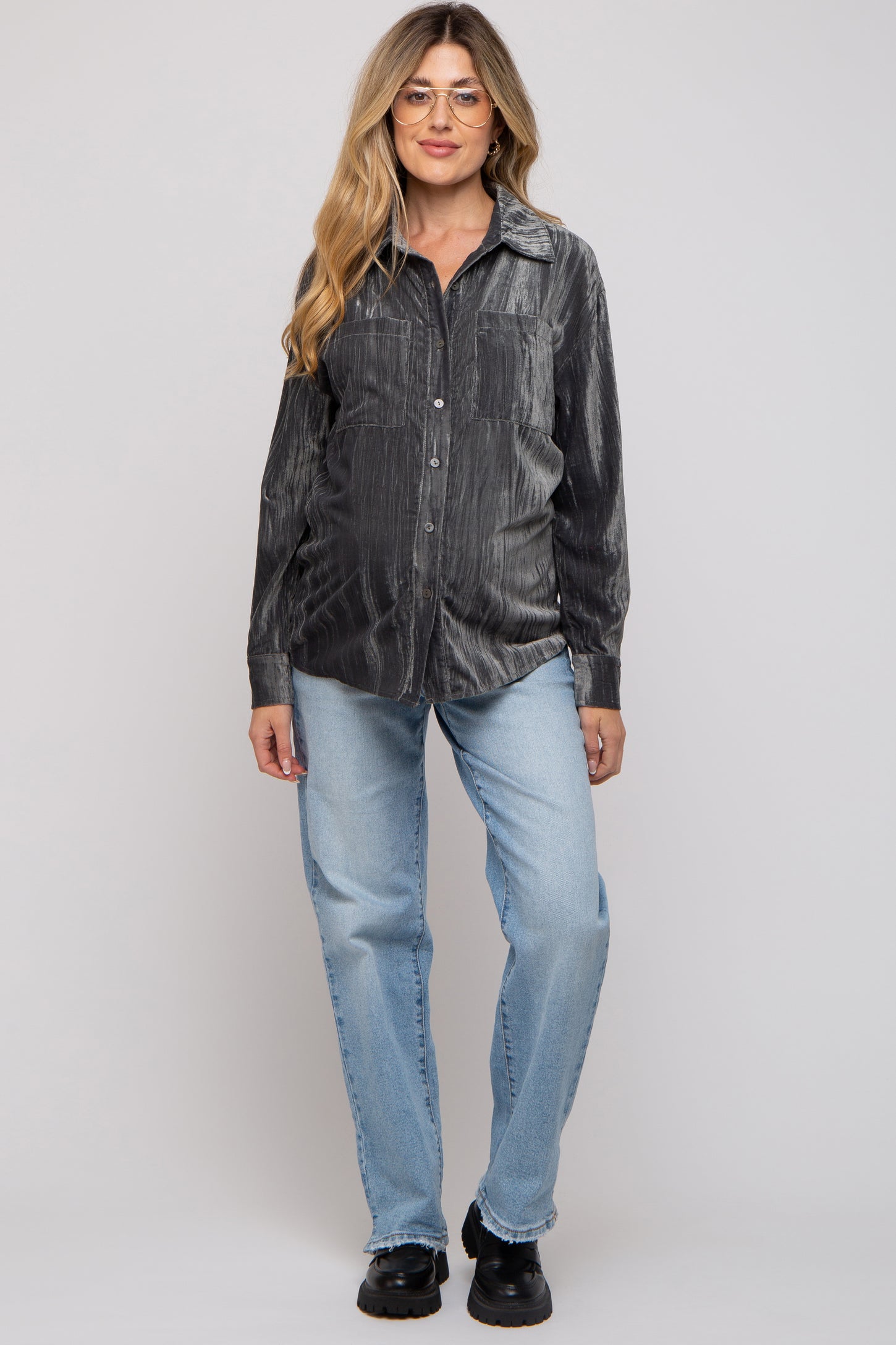 Charcoal Button Up Velvet Maternity Top