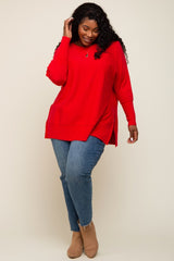 Red Dolman Sleeve Side Slit Plus Sweater