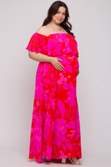 Red Floral Ruffle Off Shoulder Maternity Plus Maxi Dress