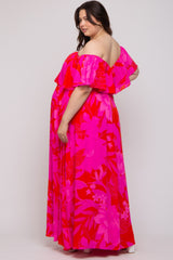 Red Floral Ruffle Off Shoulder Maternity Plus Maxi Dress