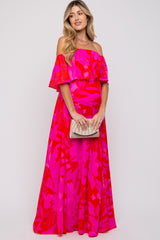 Red Floral Ruffle Off Shoulder Maternity Maxi Dress