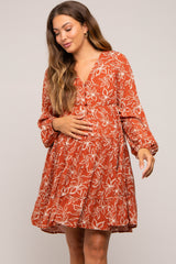 Rust Floral Button Front Tiered Maternity Dress