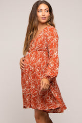Rust Floral Button Front Tiered Maternity Dress
